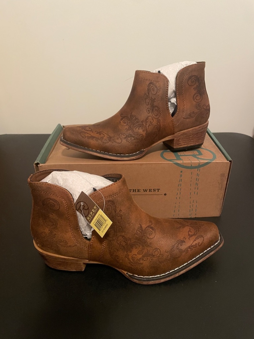 Roper Brown Floral Embossed Western Ankle Boots